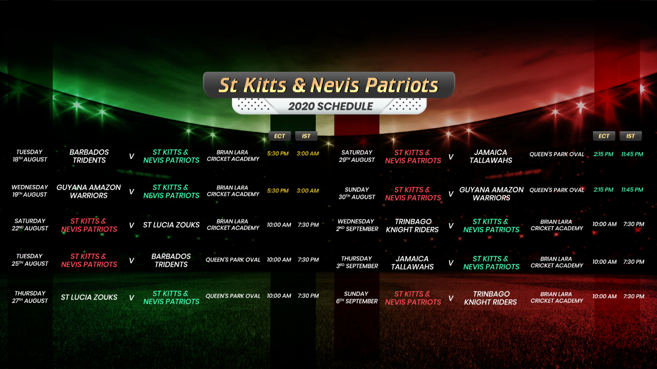 Schedule – St. Kitts and Nevis Patriots